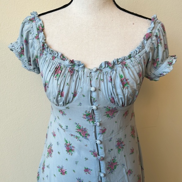 Reclaimed Vintage Blue Ditsy Floral Peasant Button Maxi Dress - Picture 2 of 4